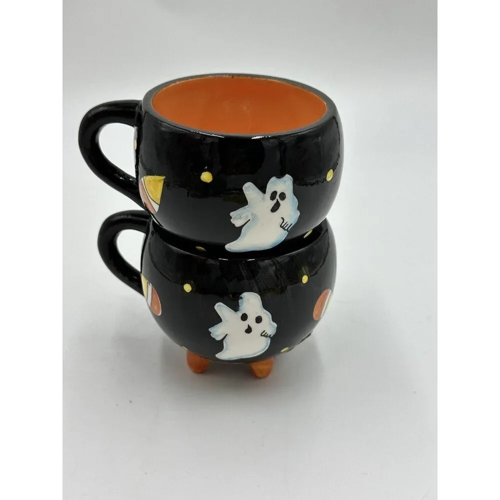 Halloween Black Cat Ghost Mug Coffee Tea 6oz Cup Hand Painted White Orange Set 8